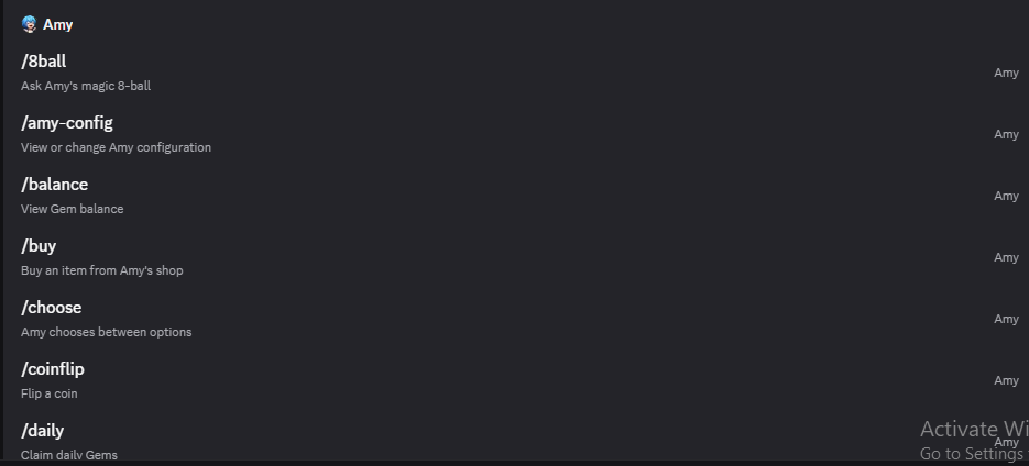 Amy engagement bot slash command list