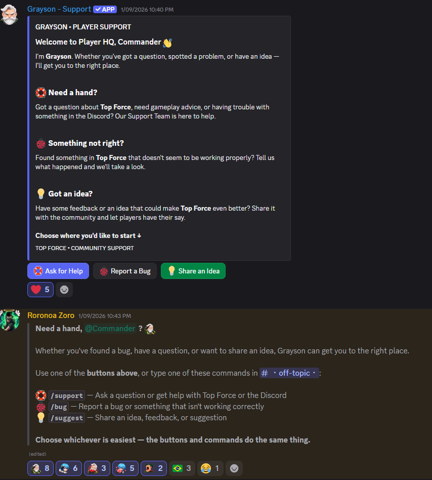Grayson player support interface with support, bug and suggestion options